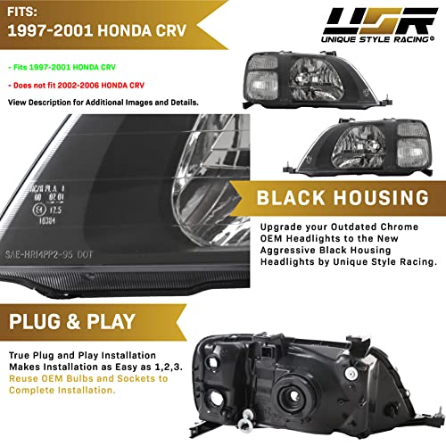 Usr Depo 97-01 Crv Headlights - Jdm Style Black Housing Clear Lens Front Headlight Set (Left + Right) Compatible With First Gen 1997-2001 Honda Cr-V #TOP3