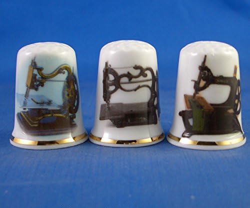 Porcelain China Collectable Thimbles - Set of Three Vintage Antique Sewing Machines