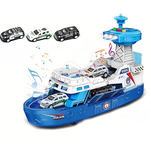 SGM - SGM160 Coast Guard Ship Toy, 1:16 Scale Transport Boat With 3 Super Car, Fire ship model with light and sound, cabin can be opened, Birthday Gift for 3 4 5 6 Year Old Kids (JS160-Blue)