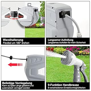 Tubiaz Avvolgitubo da 30 m, montaggio a parete, tubo da giardino con ritiro automatico, scatola tubolare girevole a 180 gradi, tamburo per irrigazione giardino (grigio)