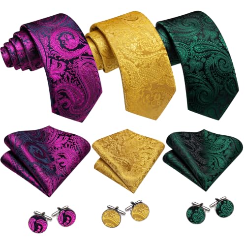 Image of Barry.Wang 6 PCS Men Ties Set Silk Business Fashion Woven Necktie Handkerchief Cufflinks Paisley Stripe Wedding Party