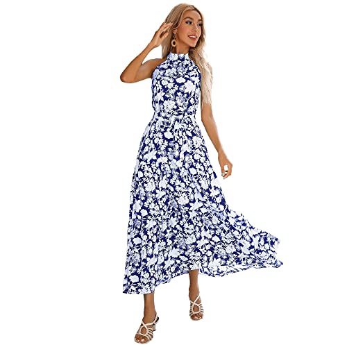 Robe longue bohème fleurie bleue en taille M sans manches avec ceinture à lacets pour femme