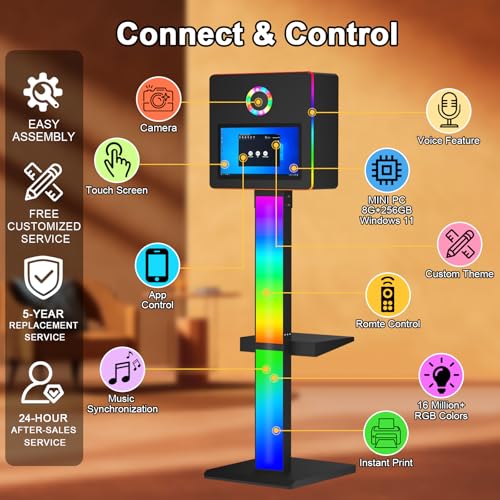 Image of Mirror Photo Booth with 15.6 Interactive Touch Screen DSLR Photo Booth with Flight Case Remote Control RGB Mood Light Instant Print and Share for Professional Party Photography (Black)