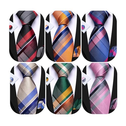 Image of Barry.Wang 6 PCS Men Ties Set Silk Business Fashion Woven Necktie Handkerchief Cufflinks Paisley Stripe Wedding Party