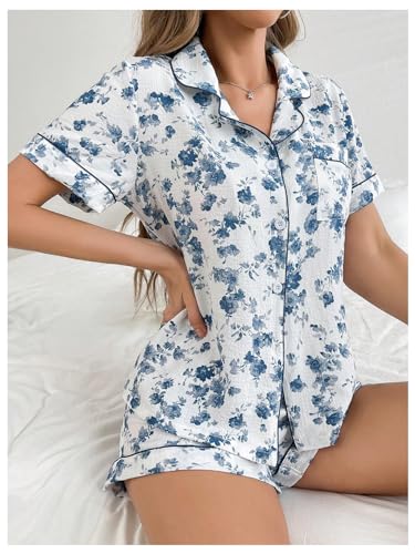 Image of SHENHE Women's 2 Piece Pajama Set Bow Graphic Button Down Short Sleeve Lapel Shirt Pj Short Set