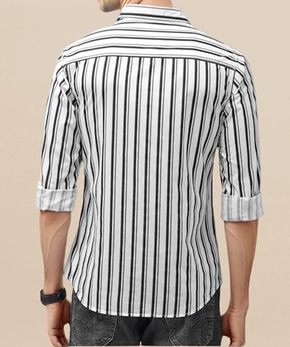 Image of IndoPrimo Men's Cotton Shirt with Spread Collar Neck Line Striped Pattern Full Sleeves Regular Fit Western Style and Standard Length
