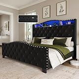 Belffin Queen Size Bed Frame and Headboard, 50.9' Velvet Upholstered Wingback Bedframe with LED Lights & Storage/Charging Station, Button Tufted Tall Footboard, No Box Spring Needed, Noise-Free, Black