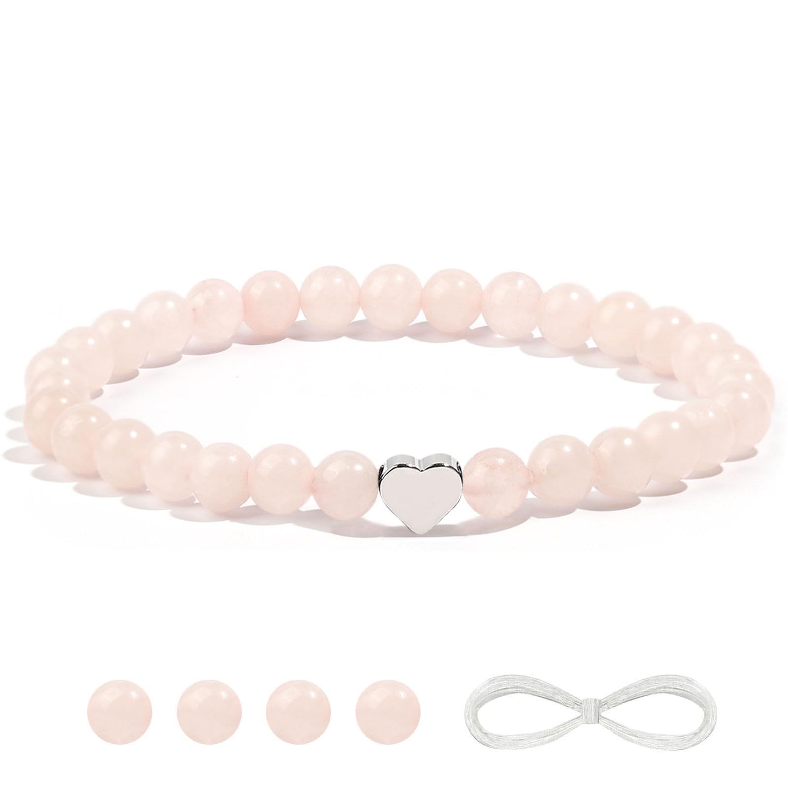 VDKIDKT Natürliches 6mm Edelsteinarmband mit Herz, schützendes Heilkristallarmband, Talisman-Anhänger, Glücksbringer (Rosenquarz)
