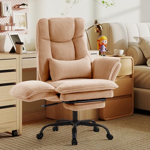 Image of Wider Seat Office Chair with Flip Armrests for Criss Cross Legged&Cats, Big and Tall Executive Ergonomic Reclining Chair with Footrest&Lumbar Pillow, Teddy Fleece Desk Chair,Brown Vanity Chair