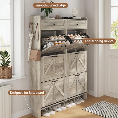 Image of Shoe Cabinet with 6 Flip Drawers & 2 Top Drawers, 57 inch Tall Freestanding Narrow Wooden Shoe Storage Organizer for Entryway, Hidden Slim Shoe Rack for Front Door Entrance, Hallway, Living Room, Grey