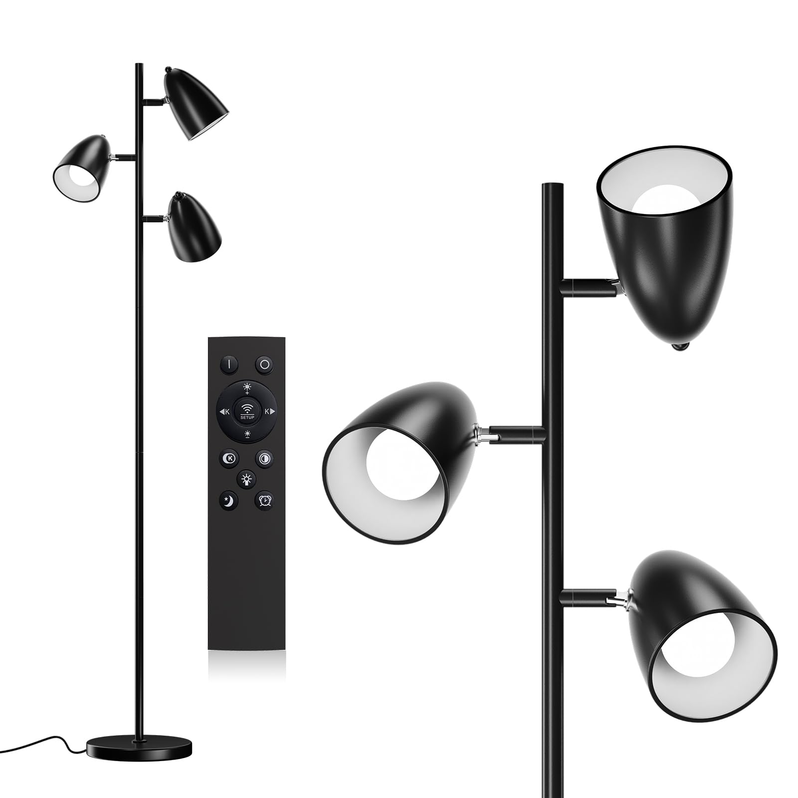 addlon Tree Floor Lamp with Remote, 3 Adjustable Rotating Light and Matching LED Bulbs, Standing Tall Pole Lamps for Living Room, Bedroom, Home, Office - Black