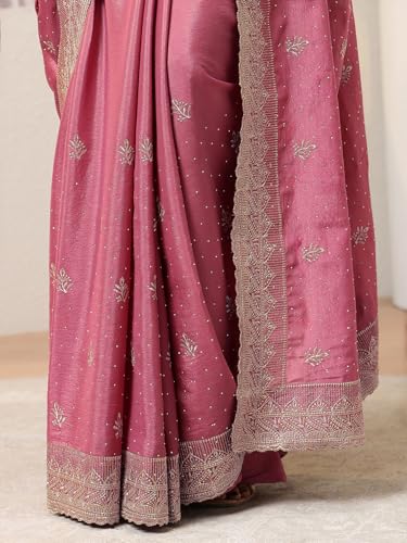 Image of Libas Embellished Satin Saree for Women With Unstitched Blouse Piece | Traditional Saree for Party & Wedding