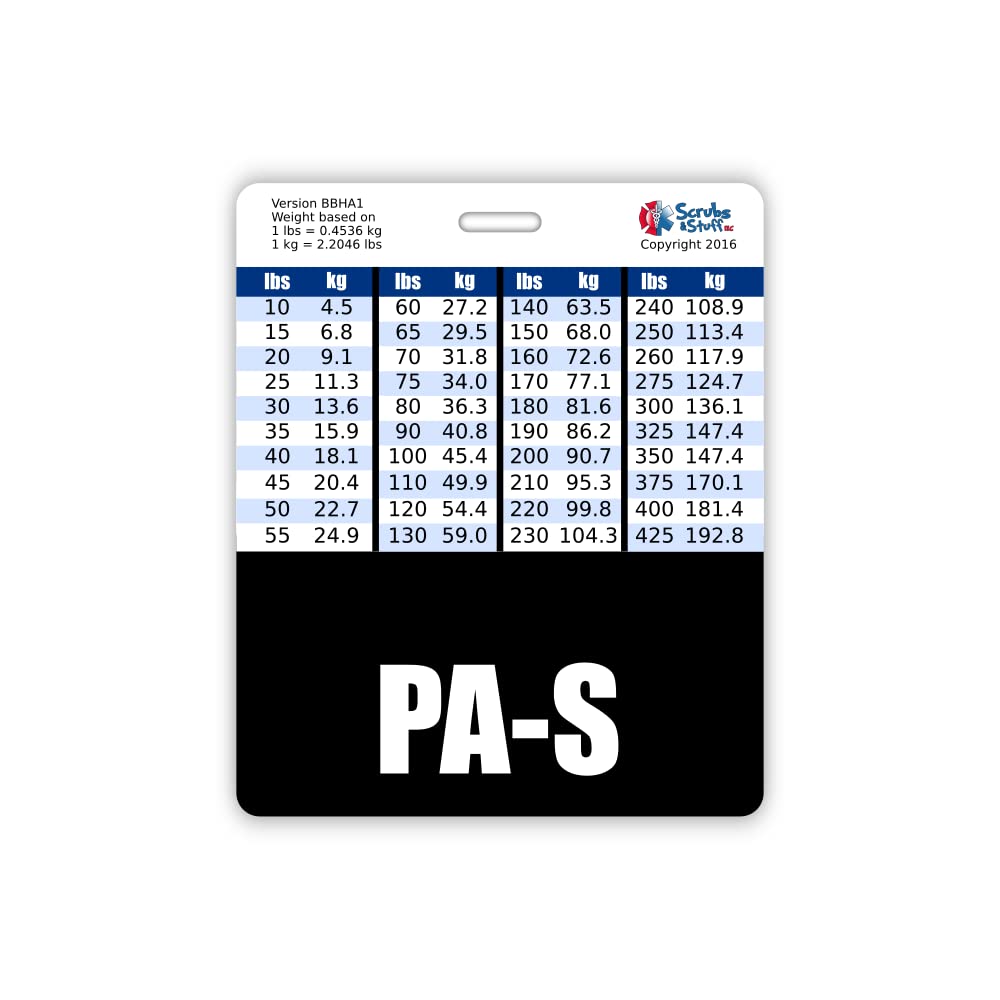 PA-S Badge Buddy Horizontal w/Height & Weight Conversion Charts (Oversized, Black)