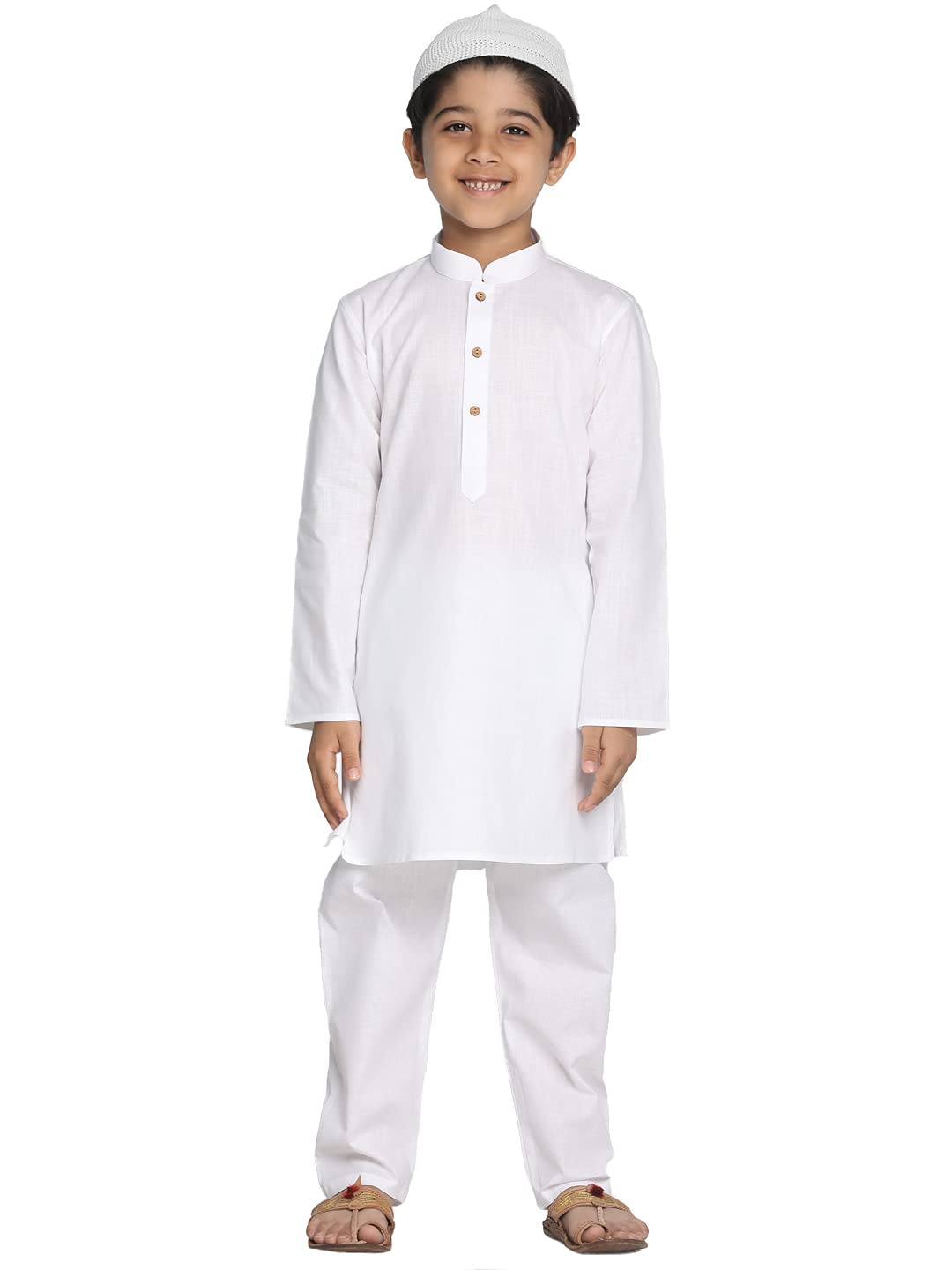 Vastramay Boys' Pure Cotton White Kurta And Pyjama Set With Muslim Cap  Soft & Comfortable Festive