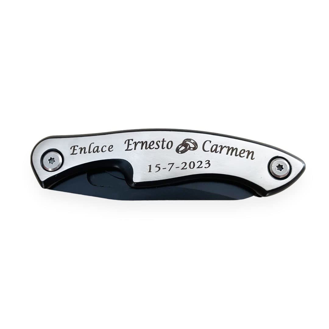 regalo grabado - 1 Navaja Personalizada | Acero Inoxidable Negro | Grabado Permanente | Ideal para Bodas, Bautizos y Eventos | Diseño Personalizable, Acero inoxidable | Unidades (1)