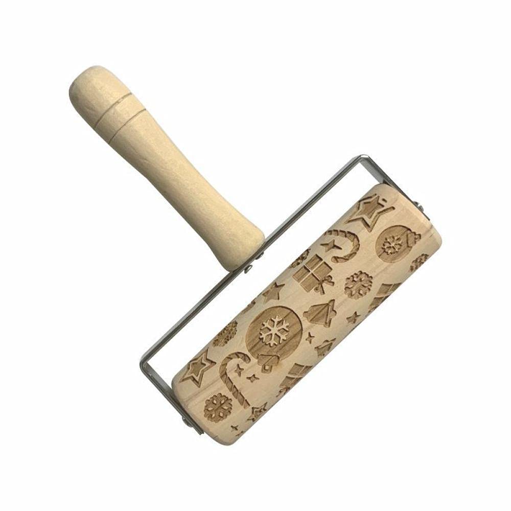Rodillo de cocina antiadherente con relieve, Rodillos de amasar de madera con estampado navideño, herramientas for hornear de cocina