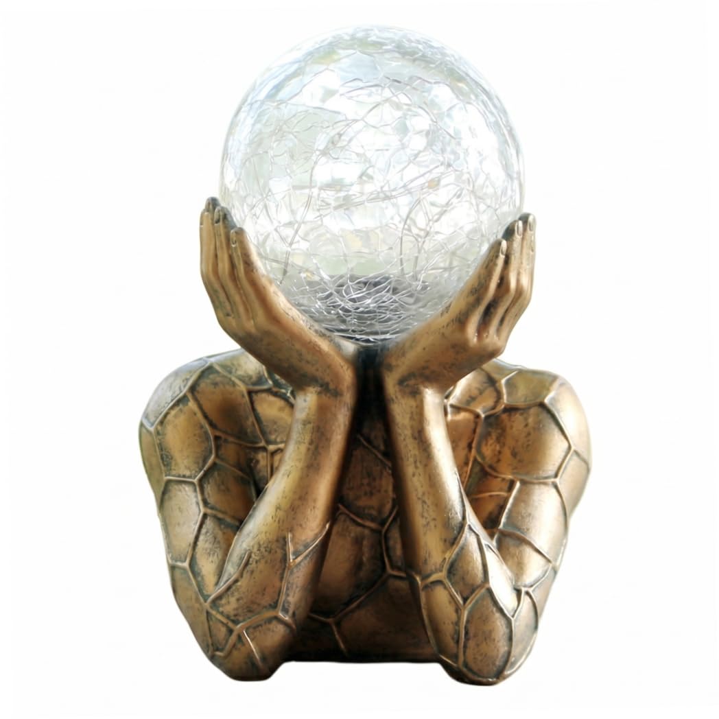 Decorative Solar Gazing Ball with Crackle Glass, Waterproof Hand-Held Resin Statue for Yard, Patio, Lawn, Walkway, Solar Garden Decor