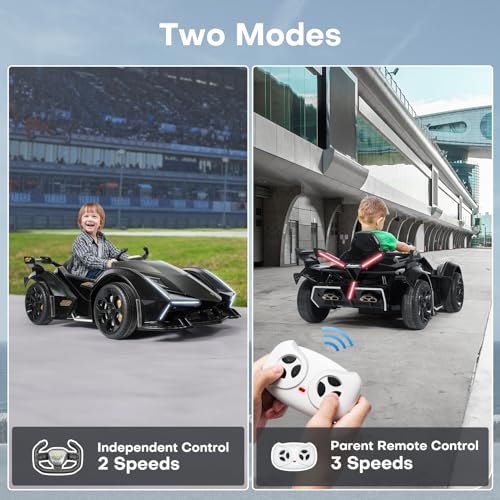Image of TEOAYEAH Kids Ride on Car, Licensed Lamborghini V12 Vision GT Roadster, 12V7Ah Battery Powered Electric Car Ride-on Toy with Remote Control, Spring Suspension, LED Lights, Bluetooth, Music, Black