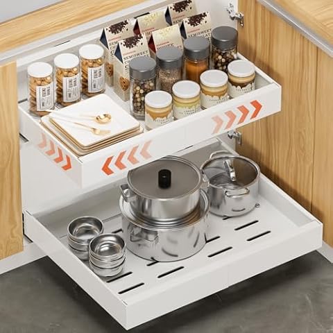 1Pack 16.5" Deep Pull Out Cabinet Organizer, Upgrade 3 Slide Rails Slide Out Drawers for Kitchen Cabinets, Adjustable Width (12.6"-20.5") Pull Out Drawers for Frameless Cabinets Cover