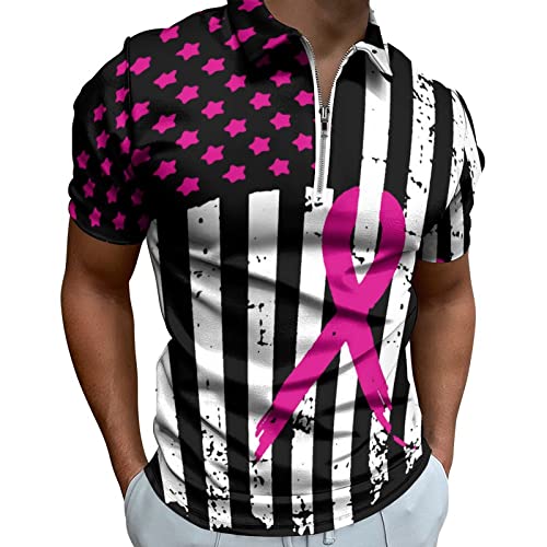 Pink Ribbon Breast Cancer Awareness Flag Men's Polo-Shirts Short Sleeve Golf Shirt Slim Fit Casual Zip T-Shirts Tops