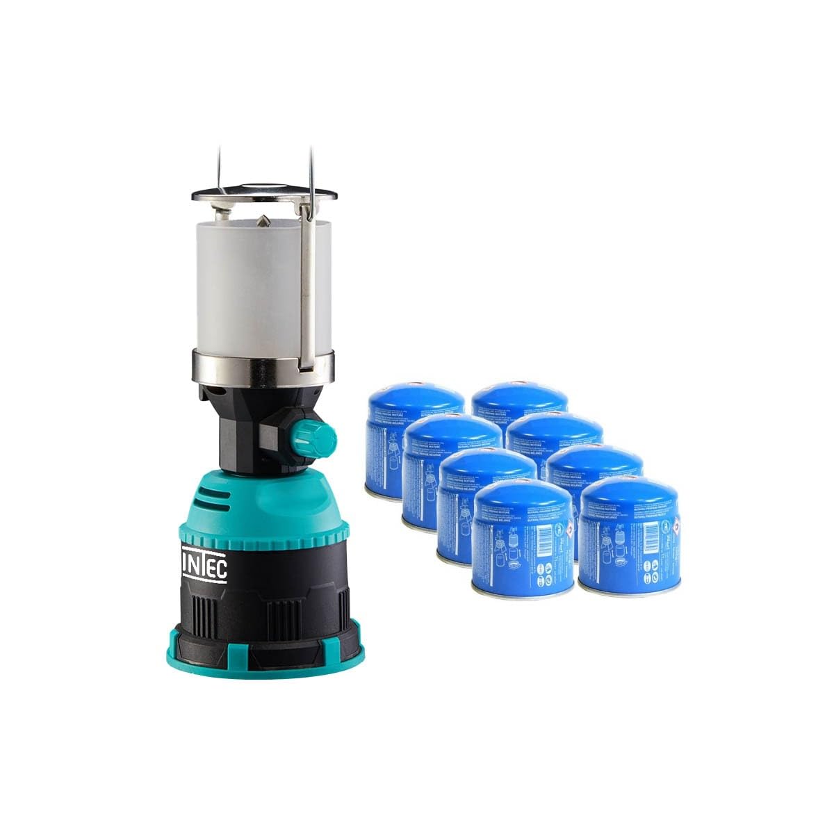 INTEC - Lampe à gaz 450W piezo coque ABS Lanterne camping + 8 cartouches de gaz butane 190gr