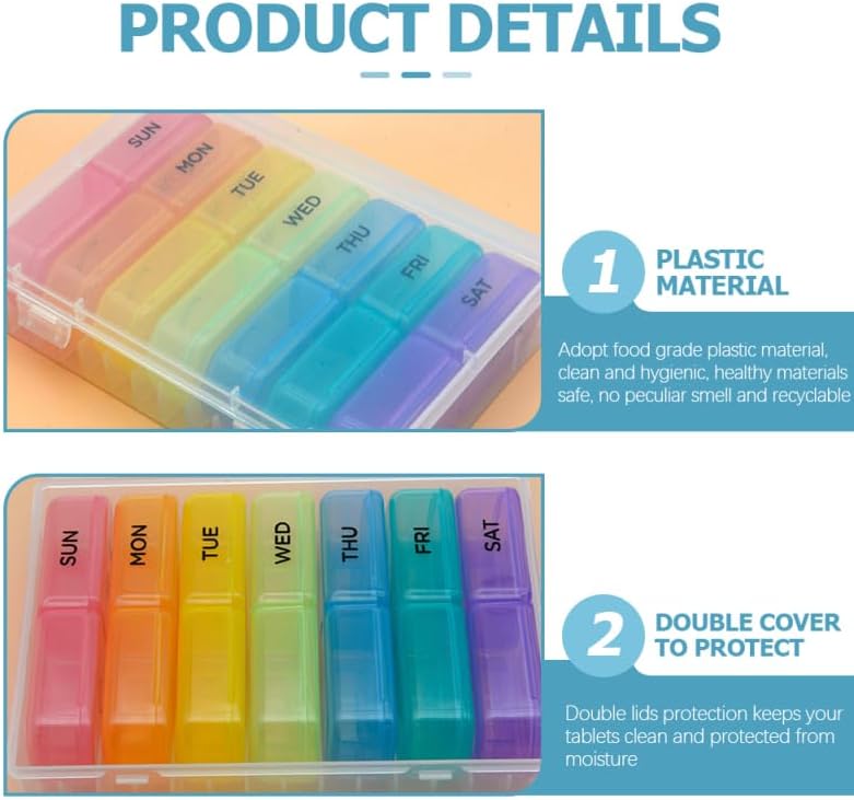 iplusmile Portable Pill Case Small Storage 7-Gird Medicine Organizer with Double Lid Protection Compact Outdoor Travel Size Pill Box 4.33X1.37X0.86 Inches