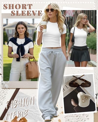 Image of Evervibe Women Built-in Bra Short Sleeve Shirts Crewneck T-Shirt Slim Fit Going Out Tops Summer Casual Basic Tees(White,Small)