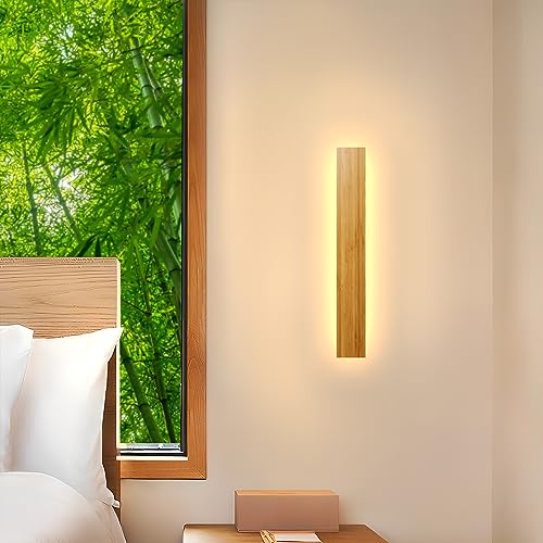 AOEH Holz Wandleuchte LED Wandlampe innen Bambus Holz Lange Wandlampe Warmweiß 12W 3000k holzlampe Modern Wandbeleuchtung Für Schlafzimmer Wohnzimmer Flur Treppenhaus Innenbeleuchtung Wandlampen,30cm