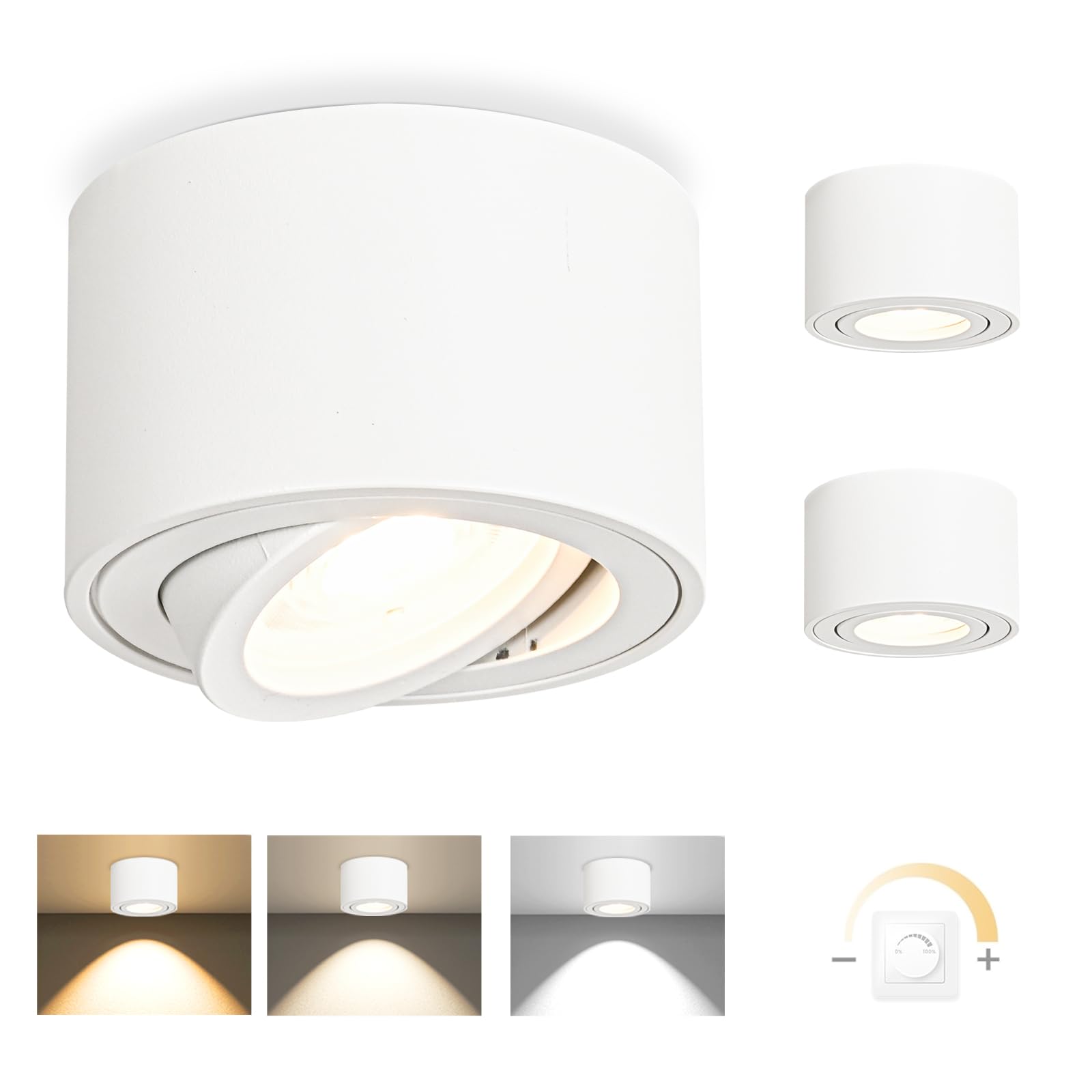 YindaLux 3 x 3CCT LED Surface-Mounted Spotlights, White, Extra Flat & 30° Swivelling Spotlights, Ceiling Spotlights