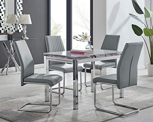 Furniturebox UK Enna White Tinted Glass Extending Dining Table and 4 Grey Lorenzo Chairs in Faux Leather with Chrome Cantilevered Leg Modern Dining Set