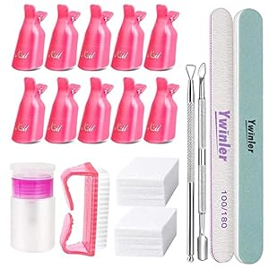 Ywinler Nagellackentferner Werkzeugset Nagellack Gel Entferner Tools Kit mit Nagelklammern, Nagelfeile, Nagelentferner Wattepads, Nagelhautschaber und Schieber, Nagelbürste, Spenderflasche