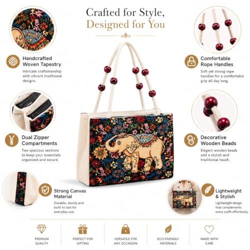 Image of Elephant Print Canvas Tote Bag for Women, Ethnic Shoulder Handbag with Multicolor Elephant Design, Dual Handle Everyday Carry Bag for Shopping, Office, College, Travel & Daily Use