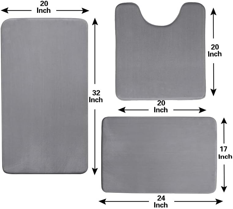 Madeals Memory Foam Bathroom Mat Set 3 Piece Bathroom Contour Rugs Combo, Soft Shaggy 2 Piece Bath Shower Mat and U-Shaped Toilet Floor Rug Grey