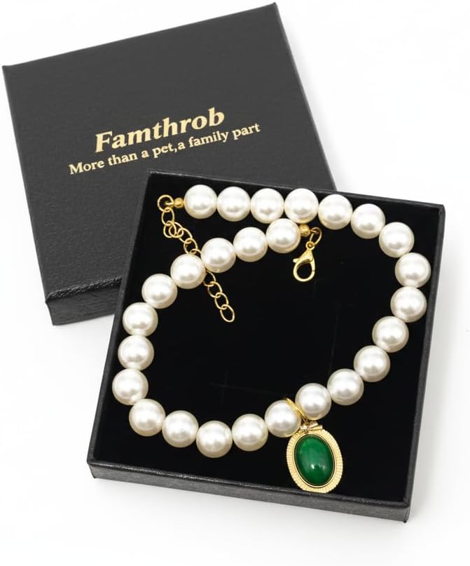 Elegant Pet Pearl Necklace with Green Jade Pendant, Adjustable White Pearl Collar for Cats and Small Dogs, Premium Fashion Pet Jewelry (Extra Small) (Agate Green, Small) image 5