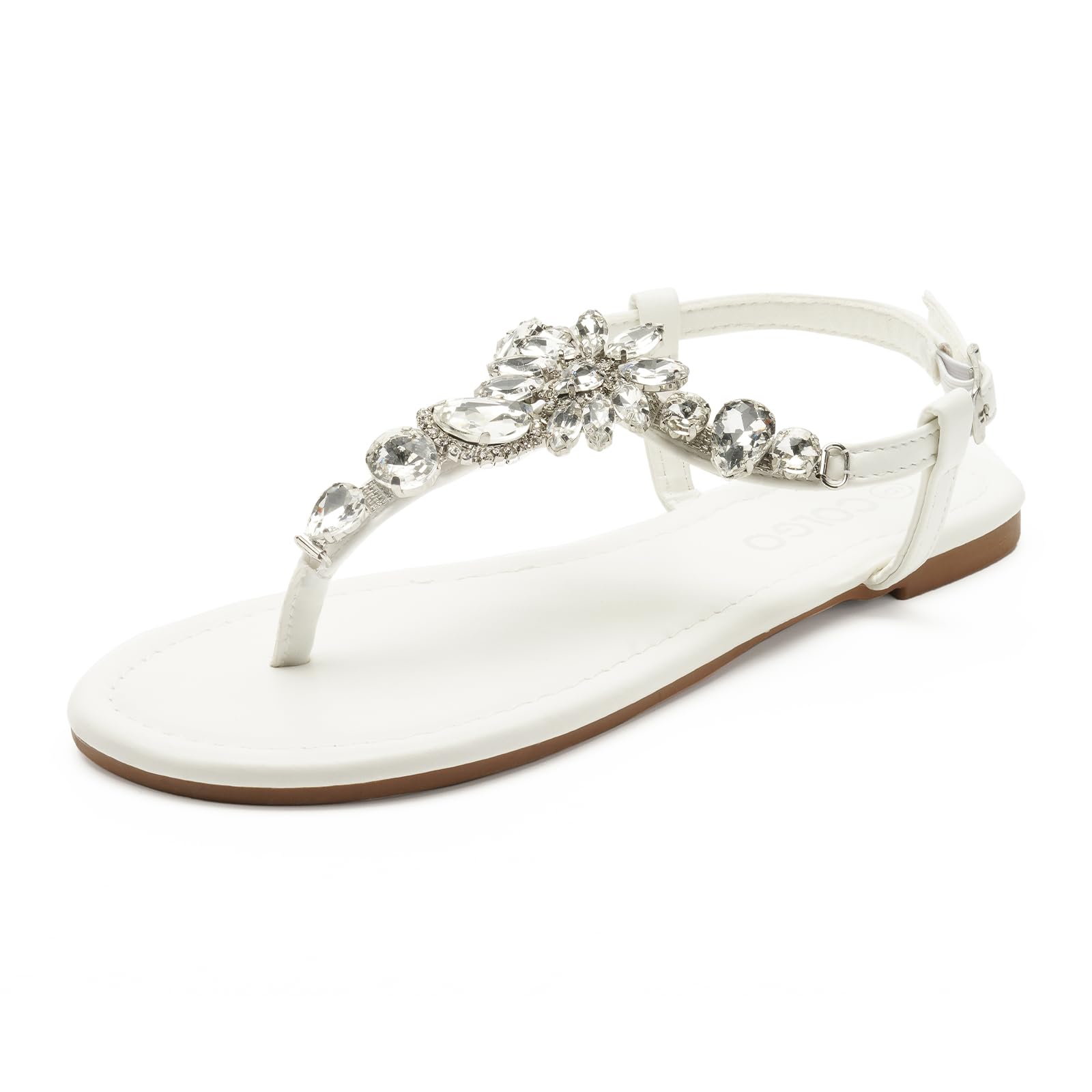 Colgo Women's T-Strap Flat Sandals, Elegant Glitter Rhinestone Thong Dress Shoes, Comfortable Wedding Sandals for Summer Beach Parties