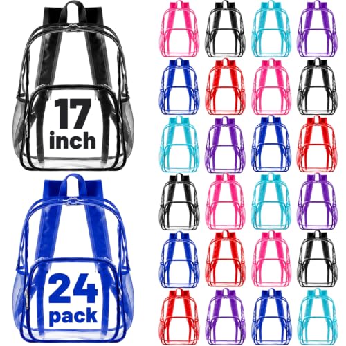 Image of Amylove 24 Pcs Clear Backpack bulk for Stadium Events Heavy Duty PVC Transparent Bookbag for College Workplace Security (17 Inches,6 Colors)