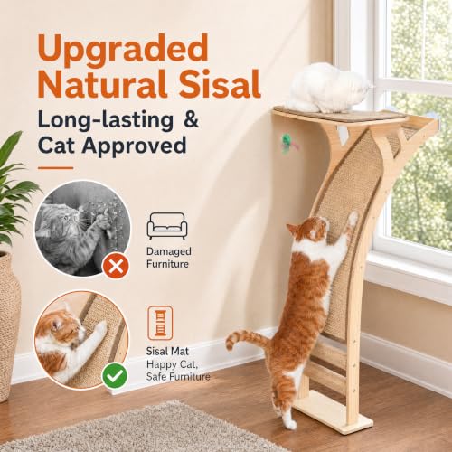 Image of Cat Window Perch with Scratcher Ramp, 48 inch Climbing Tree Suctions Cups to Window Maximum Hold Up to 45lb, Wood Kitty Bed for Small Window (Drilling-Free)
