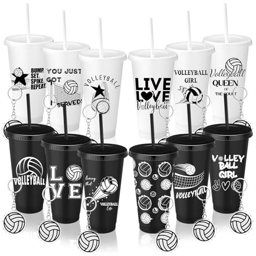 Nuogo 24 Pcs Volleyball Cup for Team with Straw Lid Volleyball Water Bottle