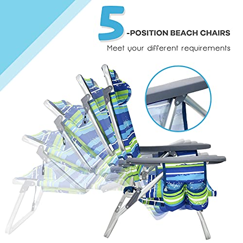 Goplus Backpack Beach Chairs, 3 Pcs Portable Camping Chairs With Cool Bag And Cup Holder, 5-Position Outdoor Reclining Chairs For Sunbathing, Fishing, Travelling (Blue+Green, With Side Table) #TOP2