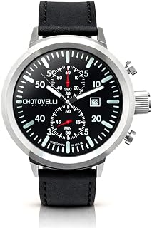 chotovelli Big Pilot 크로노그래프 남성용 시계, 50mm 스테인리스 스틸 케이스, 야광 숫자가 있는 블랙 다이얼, 가죽 스트랩, 사파이어 글래스, 747.11