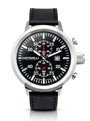 Image of chotovelli Big Pilot Chronograph Men's Watch, 50mm Stainless Steel Case, Black Dial with Luminous Numerals, Leather Strap, Sapphire Glass, 747.11