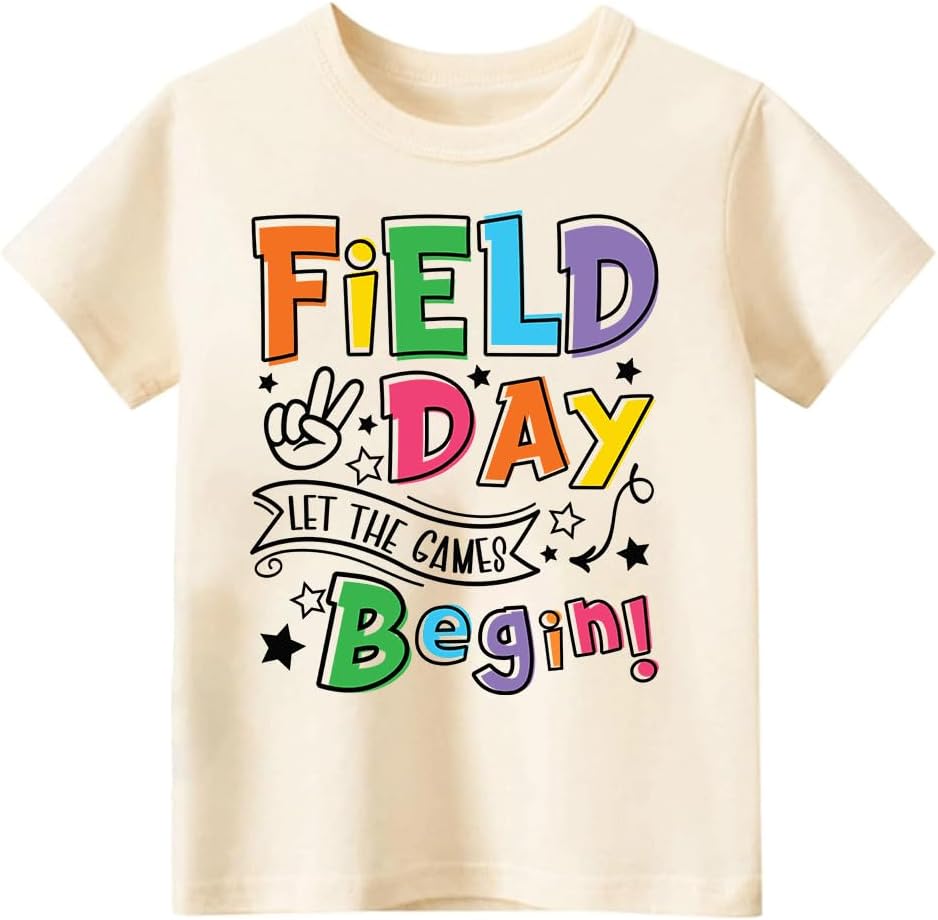 Kids Toddler Boys Girls Field Day T-Shirt Kindergarten Student Funny Short Sleeve Cotton Tee Tops(Beige,4T)