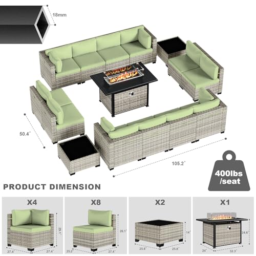 Image of Outdoor PE Wicker Rattan Modular Patio Sectional Sofa Set | 15-Piece: 12 Modular Seats, 2 Coffee Tables & 55,000 BTU Fire Pit Table, Light Green