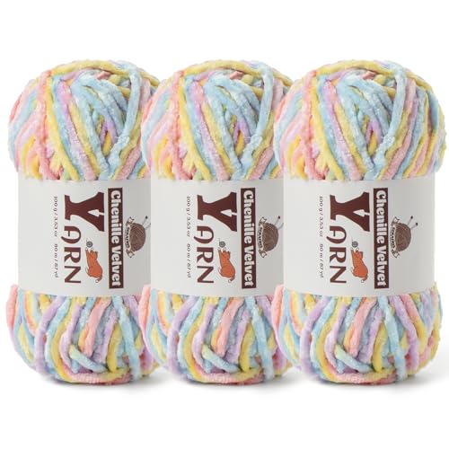 Image of 3 Pack Plush Chenille Chunky Yarn - Fluffy Velvet Yarn Crochet for Blanket Knitting and Crocheting - Soft Baby Yarns for Crocheting - Amigurumi Crochet Yarns 100g (87yds) (3 Macaron)