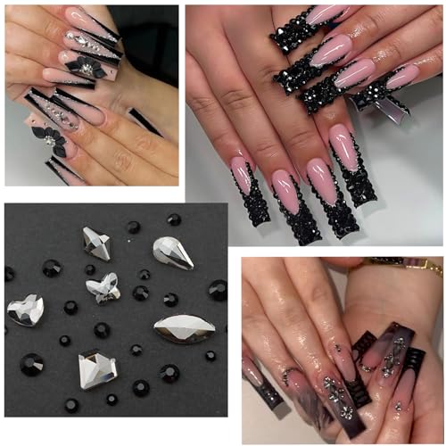 SEMATA Bow Flower Nail Art Charms with Black Nail Rhinestones Various Shapes Heart Oval Nails Gems Crystal Mixed Size Rhinestones 0.04-0.16in Nails Design Decoration for Women Manicure DIY(Black) — view 4