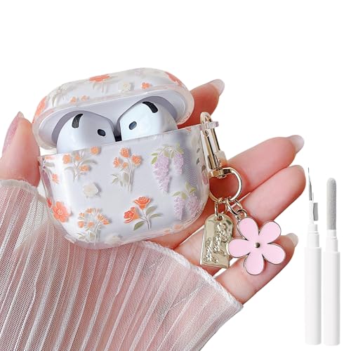 Image of MINSCOSE for AirPods 4 Clear Case,Cute Colorful Flower Pattern Design with Girly Floral Keychain,Soft Silicone Protective Shockproof Cover with Cleaner Kit for Girls Women-Orange