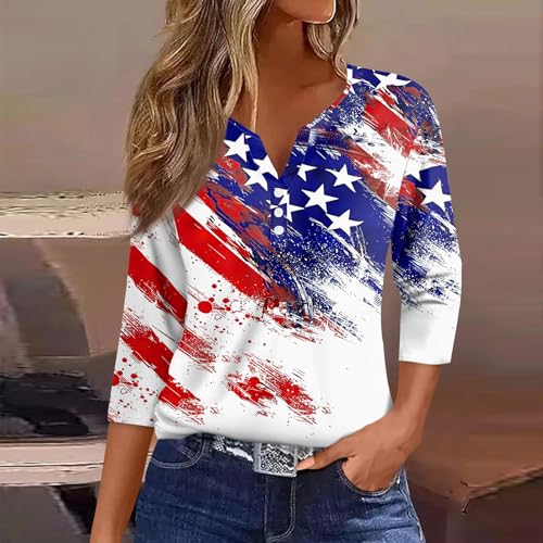 Image of 4th of July Shirts Women 3 /4 Length Sleeve Womens Tops Henley Neck Casual Patriotic T Shirts