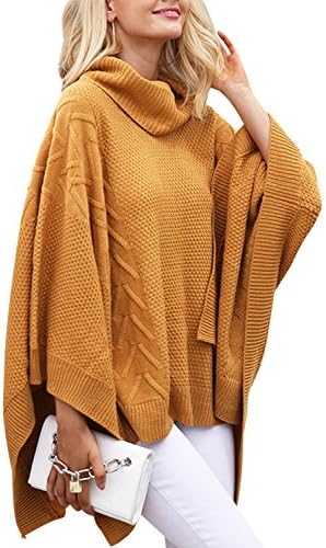 BerryGo Women's Chic Turtleneck Batwing Sleeve Asymmetric Knitted Poncho Pullovers Sweater Camel,One Size