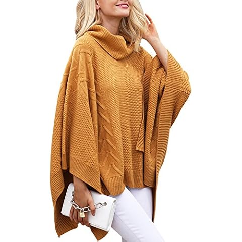 BerryGo Women's Chic Turtleneck Batwing Sleeve Asymmetric Knitted Poncho Pullovers Sweater Camel,One Size Cover