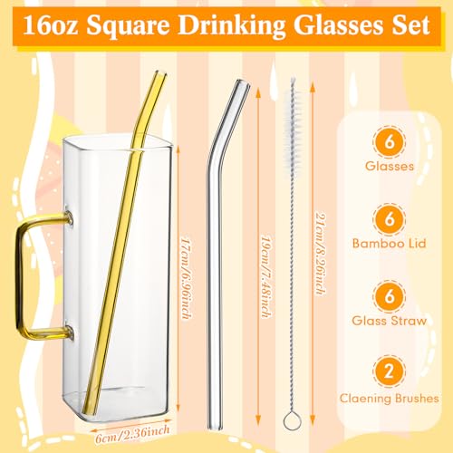Gejoy 6 Pcs Square Glass Cups with Straws Thin Cute Cocktail Glasses Glassware Portable Ice Coffee Cups with Handle and Straw Brushes for Party Favor Housewarming Gifts(Colorful Handle, 16 oz) by Gejoy - Image 3